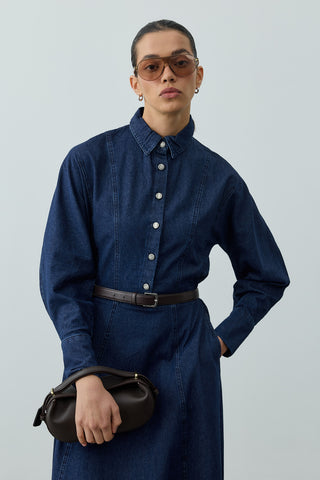 Pens Detaylı Denim Elbise Lacivert