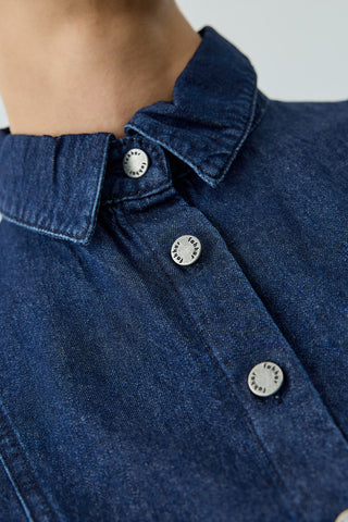 Pens Detaylı Denim Elbise Lacivert