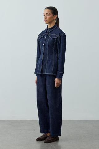 Pens Detaylı Denim Gömlek Ceket Lacivert