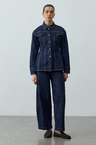 Pens Detaylı Denim Gömlek Ceket Lacivert