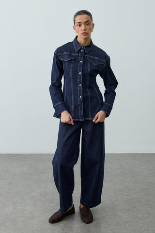 Pens Detaylı Denim Gömlek Ceket Lacivert