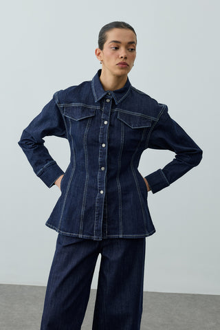 Pens Detaylı Denim Gömlek Ceket Lacivert
