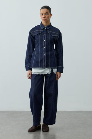 Pens Detaylı Denim Gömlek Ceket Lacivert