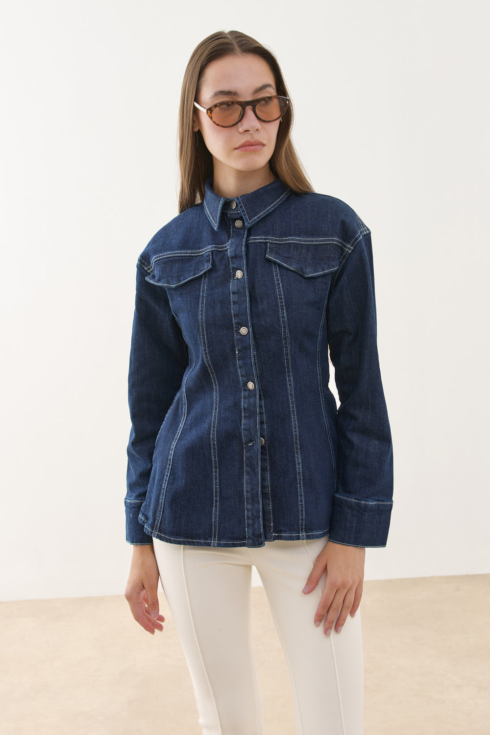 Pens Detaylı Denim Gömlek Ceket Lacivert