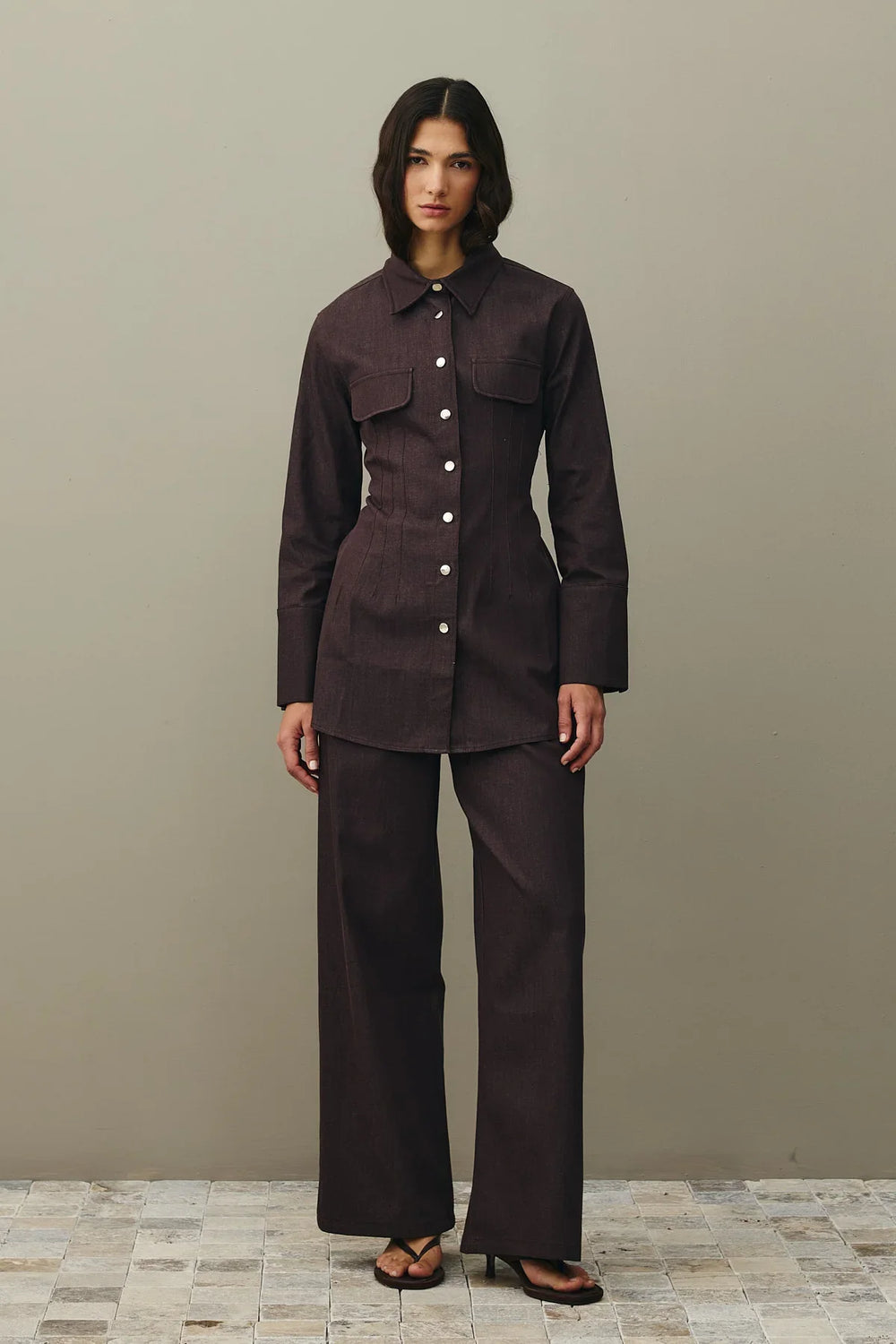 Darted Denim Shirt Brown