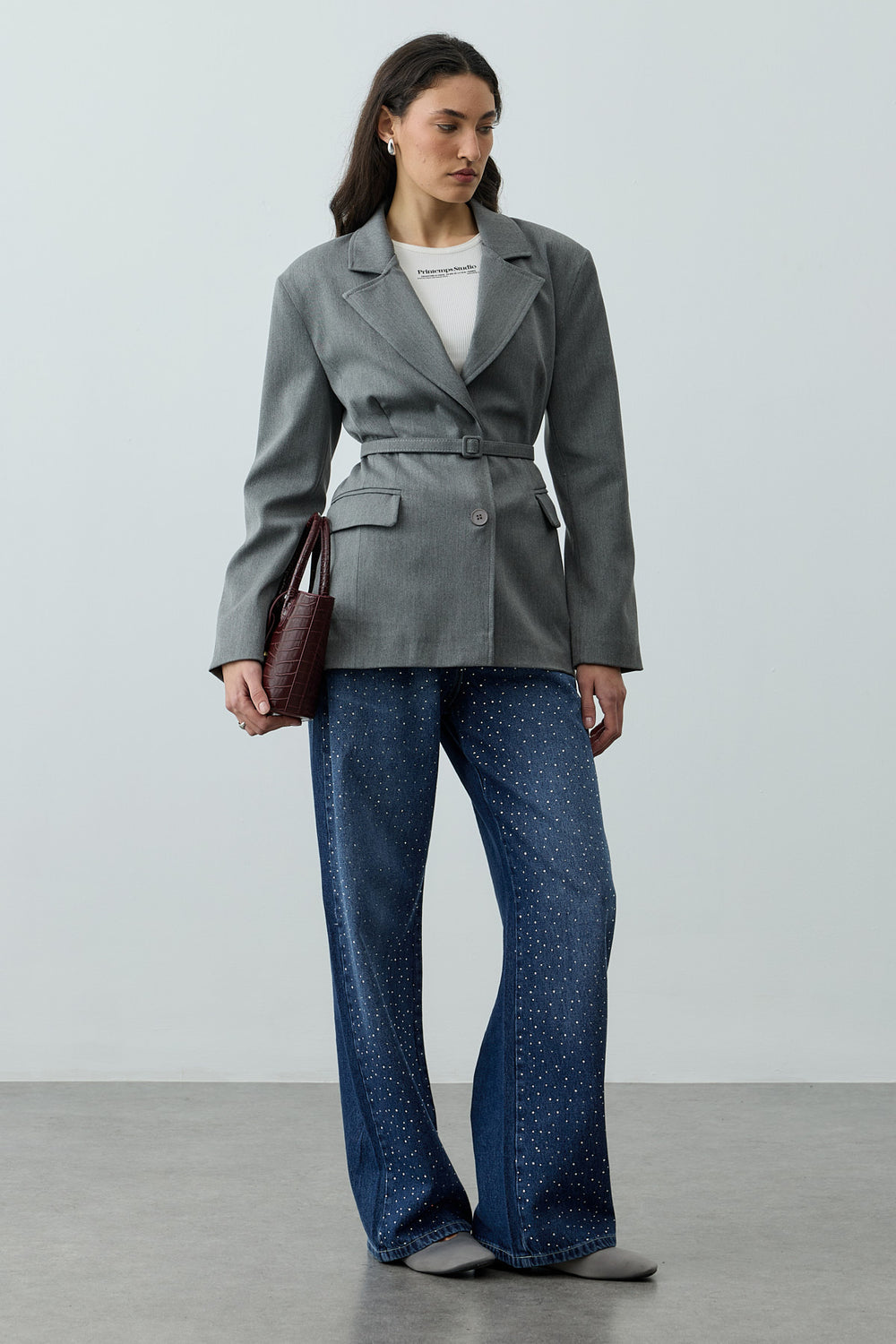 Pensli Kemerli Blazer Ceket Gri