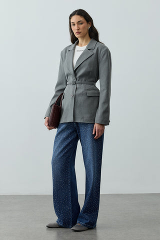 Pensli Kemerli Blazer Ceket Gri