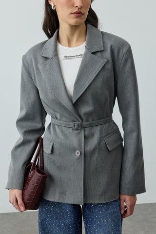 Pensli Kemerli Blazer Ceket Gri