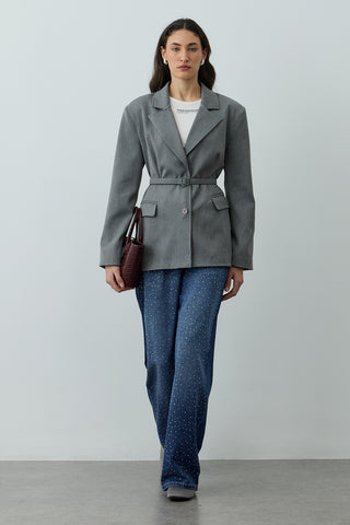 Pensli Kemerli Blazer Ceket Gri