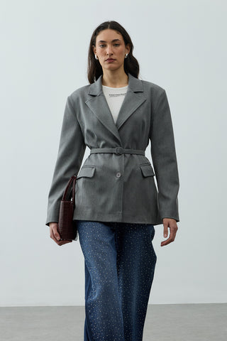 Pensli Kemerli Blazer Ceket Gri