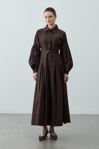 Pensli Kemerli Maxi Elbise Kahverengi