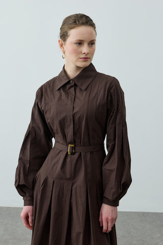 Pensli Kemerli Maxi Elbise Kahverengi