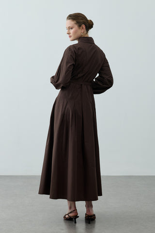 Pensli Kemerli Maxi Elbise Kahverengi