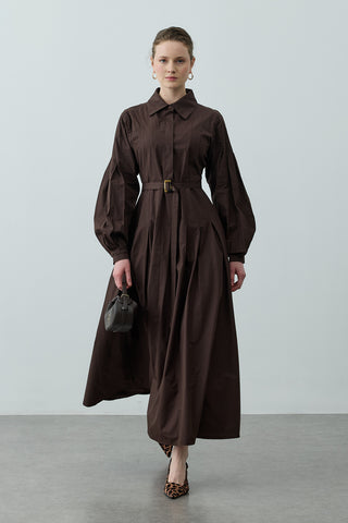 Pensli Kemerli Maxi Elbise Kahverengi