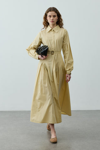 Pensli Kemerli Maxi Elbise Sarı