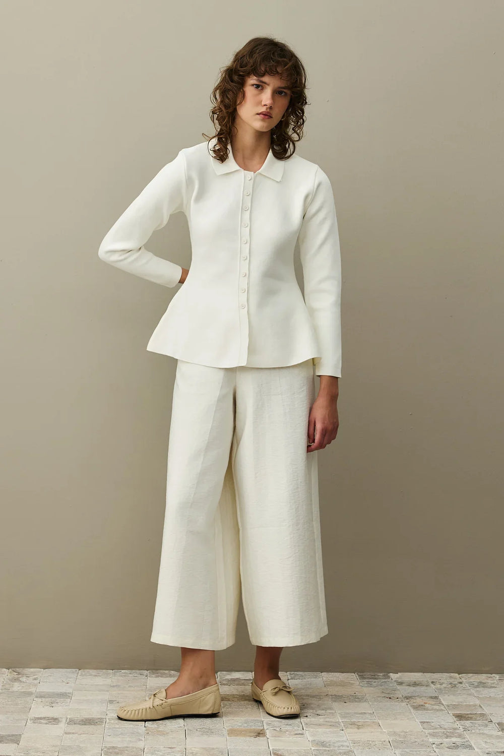 Peplum Knit Cardigan White