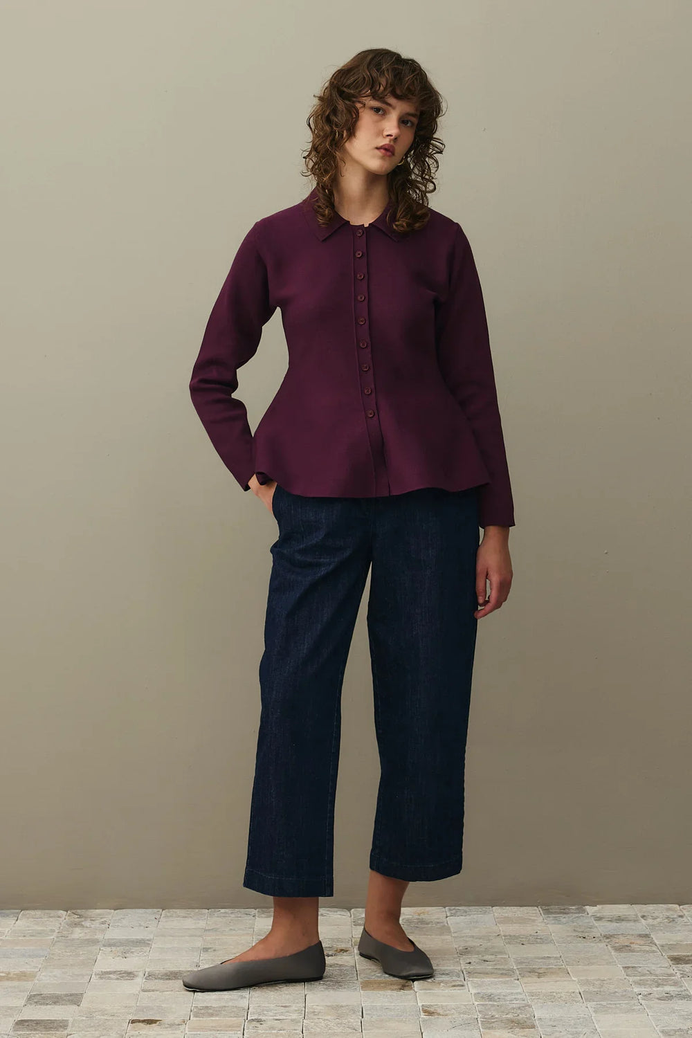 Peplum Knit Cardigan Burgundy