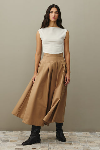 Pile Dikişli Etek Camel