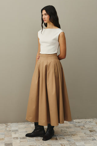 Pile Dikişli Etek Camel