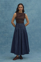 Pileli Denim Etek Lacivert