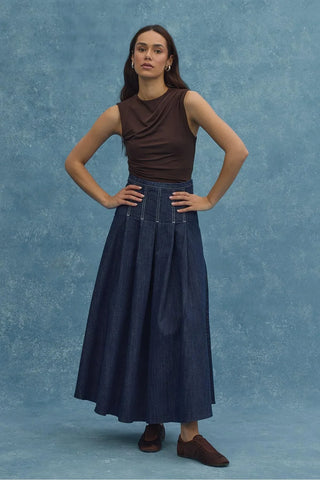 Pileli Denim Etek Lacivert - Fahhar Design