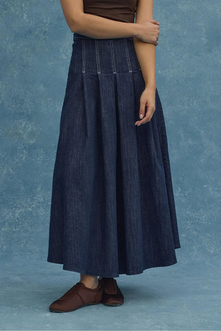 Pileli Denim Etek Lacivert - Fahhar Design