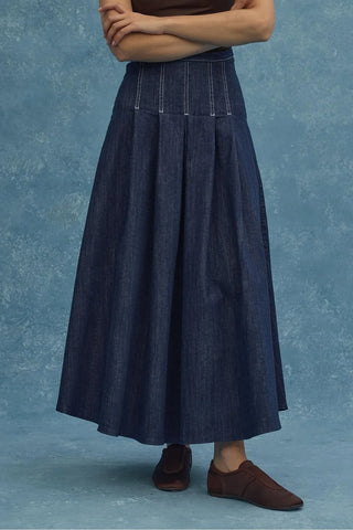 Pileli Denim Etek Lacivert - Fahhar Design