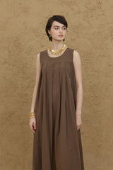 Pleated Thick Strappy Dress Brown