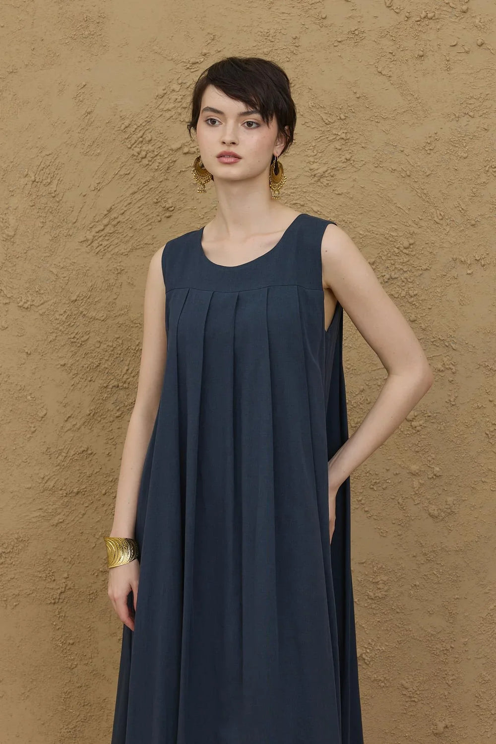 Pleated Thick Strap Dress Navy Blue