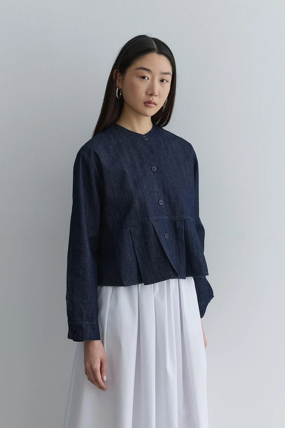 Pleated Short Denim Jacket Navy Blue