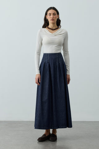 Pileli Maxi Denim Etek Lacivert