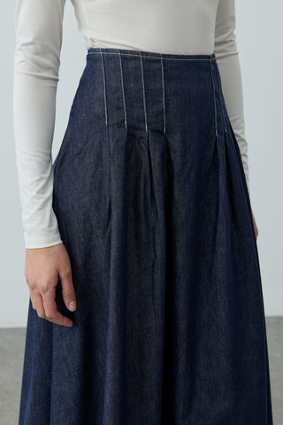 Pileli Maxi Denim Etek Lacivert