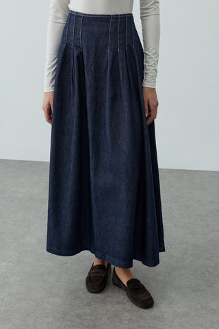 Pileli Maxi Denim Etek Lacivert