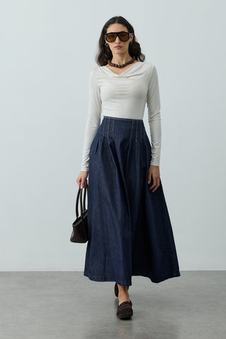 Pileli Maxi Denim Etek Lacivert