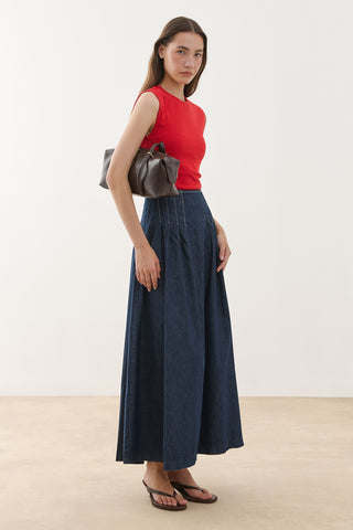 Pileli Maxi Denim Etek Lacivert