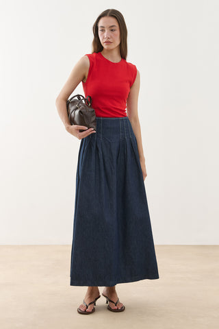 Pileli Maxi Denim Etek Lacivert