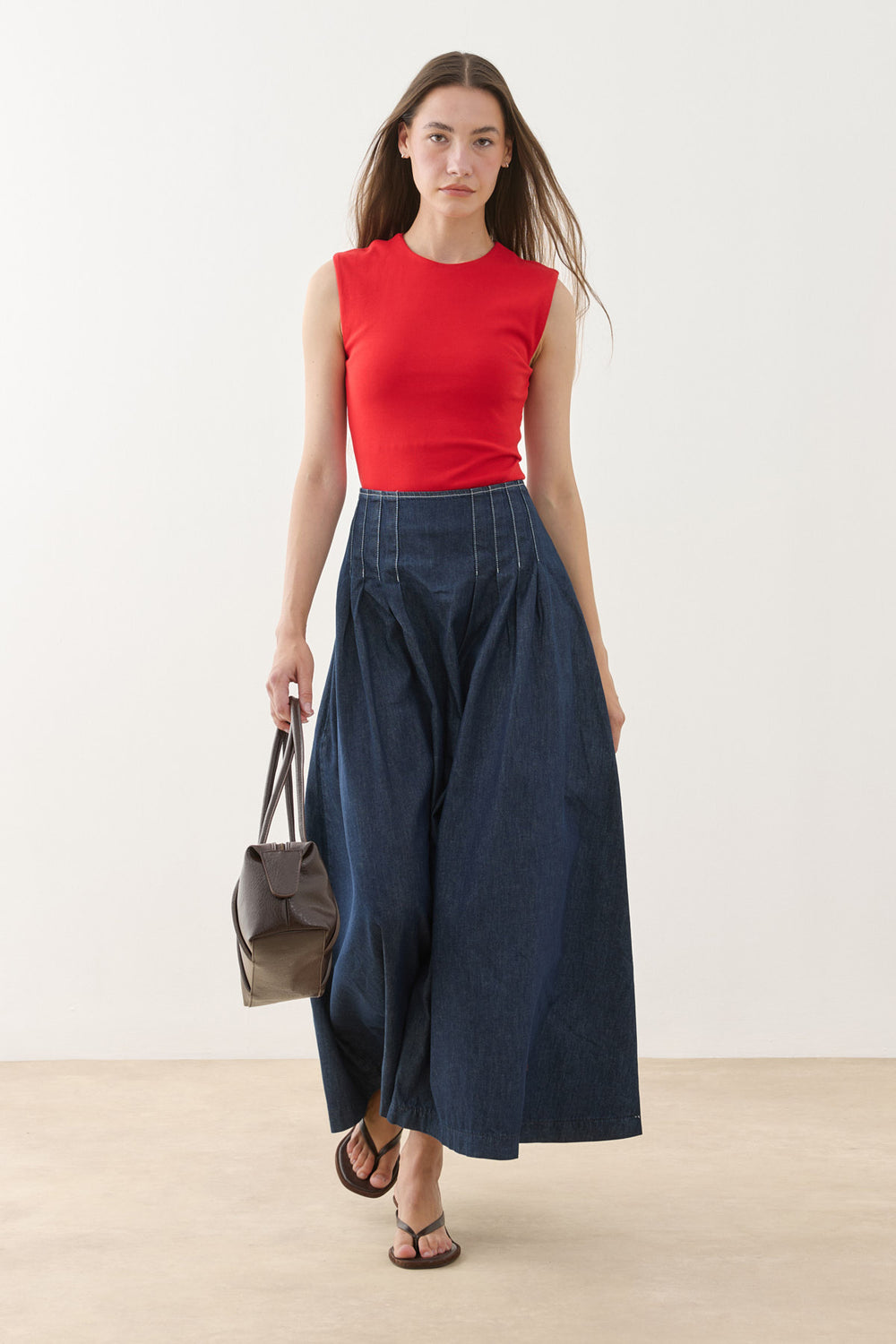 Pileli Maxi Denim Etek Lacivert