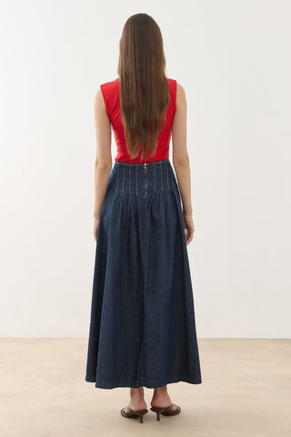 Pileli Maxi Denim Etek Lacivert