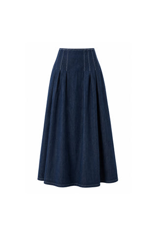 Pileli Maxi Denim Etek Lacivert