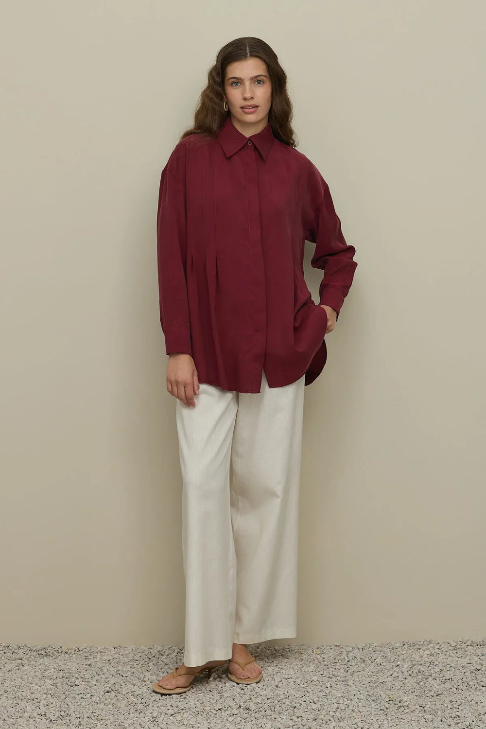 Pleated Tencel Shirt Burgundy