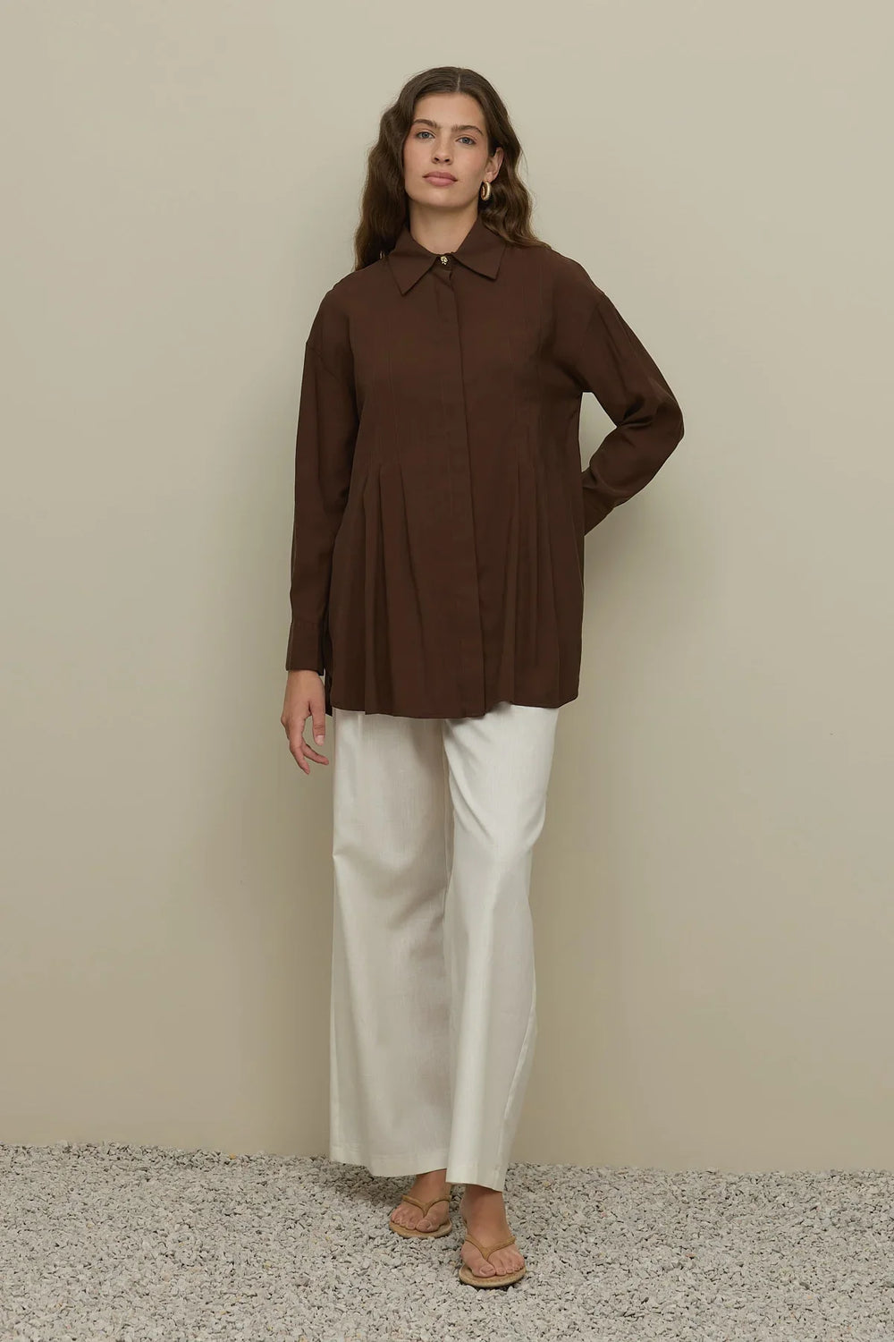 Pleated Tencel Shirt Brown