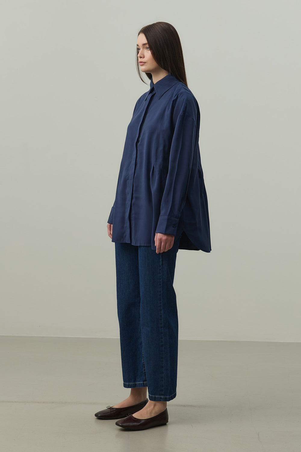 Pleated Tencel Shirt Navy Blue