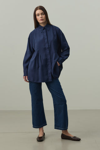 Pileli Tensel Gömlek Lacivert