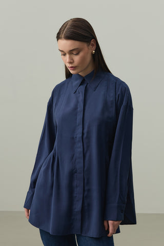 Pileli Tensel Gömlek Lacivert