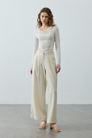 Pileli Tensel Pantolon Ekru