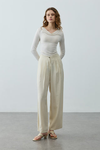 Pileli Tensel Pantolon Ekru