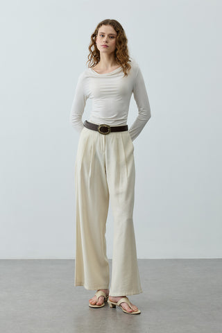 Pileli Tensel Pantolon Ekru
