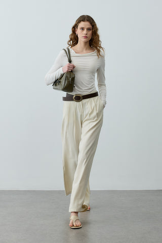 Pileli Tensel Pantolon Ekru
