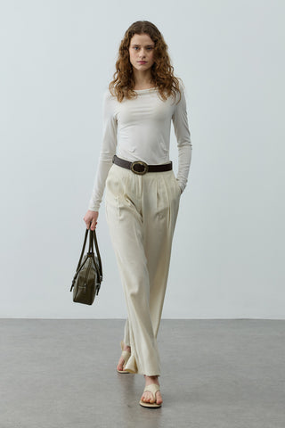 Pileli Tensel Pantolon Ekru