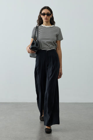 Pileli Tensel Pantolon Siyah